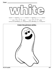 Free Halloween ghost color white coloring page and color worksheet, white worksheet for preschoolers to learn colors, printable PDF