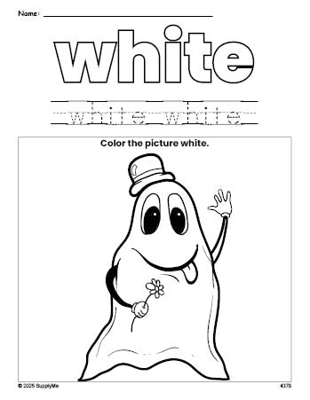 Free Halloween ghost color white coloring page and color worksheet, white worksheet for preschoolers to learn colors, printable PDF