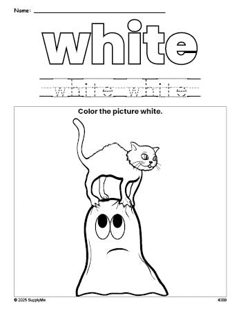 Free Halloween ghost color white coloring page and color worksheet, white worksheet for preschoolers to learn colors, printable PDF