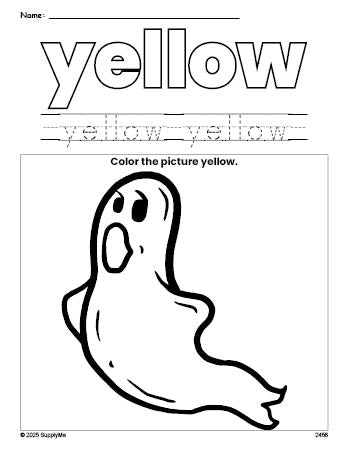 Free Halloween ghost color yellow coloring page and color worksheet, yellow worksheet for preschoolers to learn colors, printable PDF