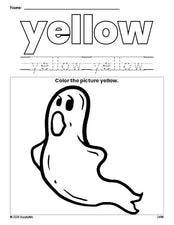 Free Halloween ghost color yellow coloring page and color worksheet, yellow worksheet for preschoolers to learn colors, printable PDF