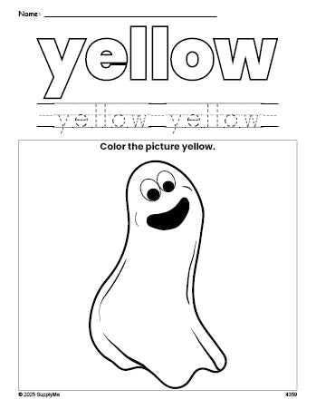 Free Halloween ghost color yellow coloring page and color worksheet, yellow worksheet for preschoolers to learn colors, printable PDF