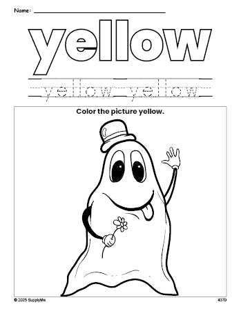 Free Halloween ghost color yellow coloring page and color worksheet, yellow worksheet for preschoolers to learn colors, printable PDF