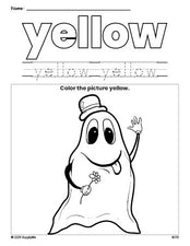 Free Halloween ghost color yellow coloring page and color worksheet, yellow worksheet for preschoolers to learn colors, printable PDF