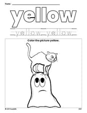 Free Halloween ghost color yellow coloring page and color worksheet, yellow worksheet for preschoolers to learn colors, printable PDF