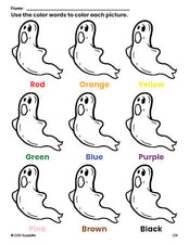 Free Halloween ghost coloring page and color worksheet for preschoolers to learn colors, printable PDF