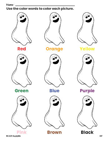 Free Halloween ghost coloring page and color worksheet for preschoolers to learn colors, printable PDF