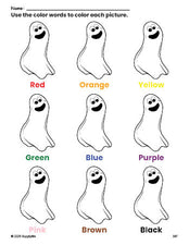 Free Halloween ghost coloring page and color worksheet for preschoolers to learn colors, printable PDF