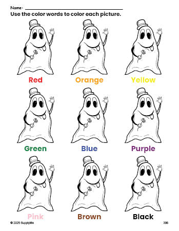 Free Halloween ghost coloring page and color worksheet for preschoolers to learn colors, printable PDF