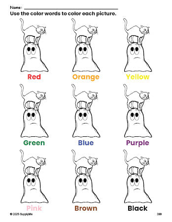 Free Halloween ghost coloring page and color worksheet for preschoolers to learn colors, printable PDF