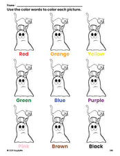 Free Halloween ghost coloring page and color worksheet for preschoolers to learn colors, printable PDF