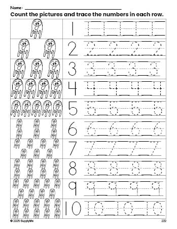 Free printable Halloween ghost counting worksheet for preschool and pre-k with number tracing practice 1-10, PDF