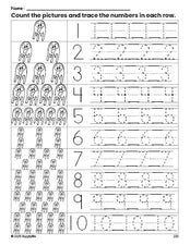 Free printable Halloween ghost counting worksheet for preschool and pre-k with number tracing practice 1-10, PDF