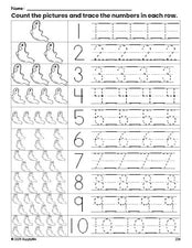 Free printable Halloween ghost counting worksheet for preschool and pre-k with number tracing practice 1-10, PDF