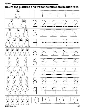 Free printable Halloween ghost counting worksheet for preschool and pre-k with number tracing practice 1-10, PDF