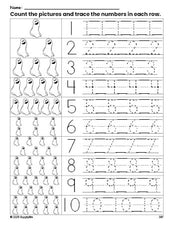 Free printable Halloween ghost counting worksheet for preschool and pre-k with number tracing practice 1-10, PDF