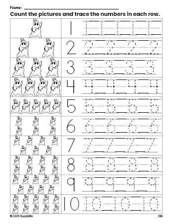 Free printable Halloween ghost counting worksheet for preschool and pre-k with number tracing practice 1-10, PDF