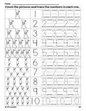 Free printable Halloween ghost counting worksheet for preschool and pre-k with number tracing practice 1-10, PDF