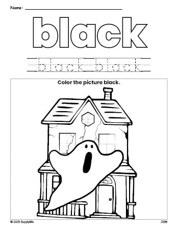 Free Halloween haunted house color black coloring page and color worksheet, black worksheet for preschoolers to learn colors, printable PDF