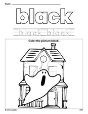 Free Halloween haunted house color black coloring page and color worksheet, black worksheet for preschoolers to learn colors, printable PDF