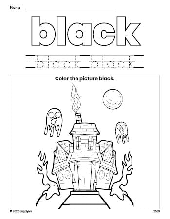 Free Halloween haunted house color black coloring page and color worksheet, black worksheet for preschoolers to learn colors, printable PDF