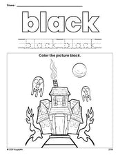 Free Halloween haunted house color black coloring page and color worksheet, black worksheet for preschoolers to learn colors, printable PDF