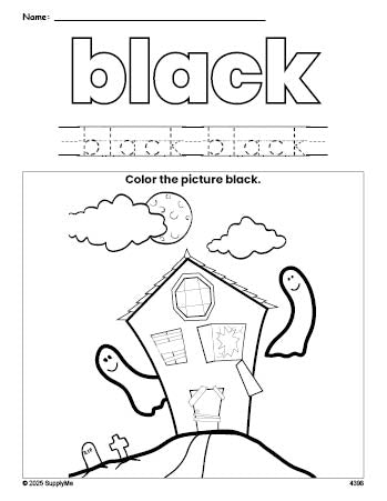 Free Halloween haunted house color black coloring page and color worksheet, black worksheet for preschoolers to learn colors, printable PDF