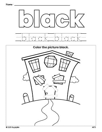 Free Halloween haunted house color black coloring page and color worksheet, black worksheet for preschoolers to learn colors, printable PDF