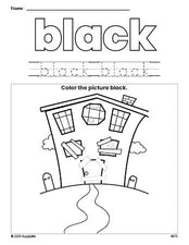 Free Halloween haunted house color black coloring page and color worksheet, black worksheet for preschoolers to learn colors, printable PDF