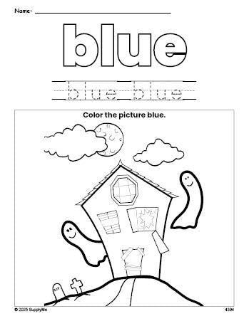 Free Halloween haunted house color blue coloring page and color worksheet, blue worksheet for preschoolers to learn colors, printable PDF