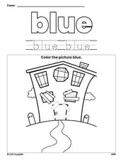 Free Halloween haunted house color blue coloring page and color worksheet, blue worksheet for preschoolers to learn colors, printable PDF