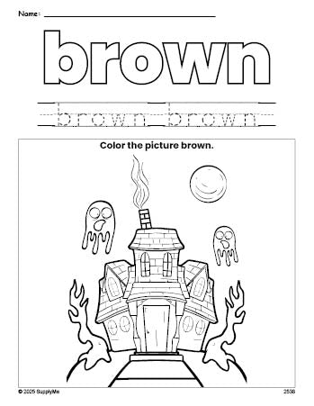 Free Halloween haunted house color brown coloring page and color worksheet, brown worksheet for preschoolers to learn colors, printable PDF