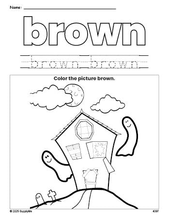 Free Halloween haunted house color brown coloring page and color worksheet, brown worksheet for preschoolers to learn colors, printable PDF