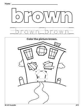 Free Halloween haunted house color brown coloring page and color worksheet, brown worksheet for preschoolers to learn colors, printable PDF