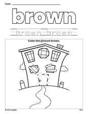 Free Halloween haunted house color brown coloring page and color worksheet, brown worksheet for preschoolers to learn colors, printable PDF