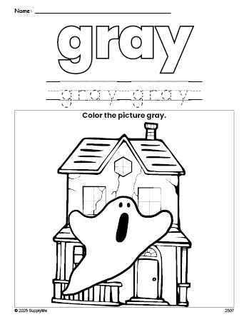 Free Halloween haunted house color gray coloring page and color worksheet, gray worksheet for preschoolers to learn colors, printable PDF