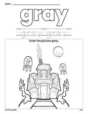 Free Halloween haunted house color gray coloring page and color worksheet, gray worksheet for preschoolers to learn colors, printable PDF