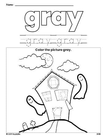 Free Halloween haunted house color gray coloring page and color worksheet, gray worksheet for preschoolers to learn colors, printable PDF