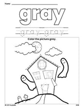 Free Halloween haunted house color gray coloring page and color worksheet, gray worksheet for preschoolers to learn colors, printable PDF