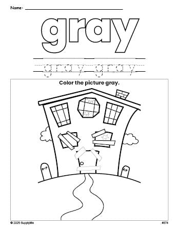 Free Halloween haunted house color gray coloring page and color worksheet, gray worksheet for preschoolers to learn colors, printable PDF