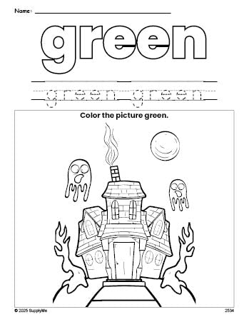 Free Halloween haunted house color green coloring page and color worksheet, green worksheet for preschoolers to learn colors, printable PDF