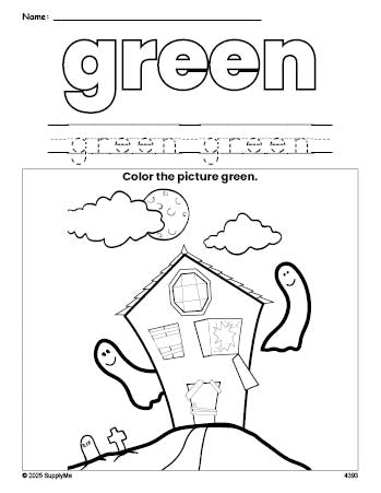 Free Halloween haunted house color green coloring page and color worksheet, green worksheet for preschoolers to learn colors, printable PDF