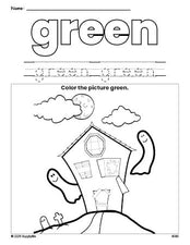 Free Halloween haunted house color green coloring page and color worksheet, green worksheet for preschoolers to learn colors, printable PDF