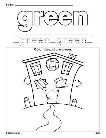 Free Halloween haunted house color green coloring page and color worksheet, green worksheet for preschoolers to learn colors, printable PDF