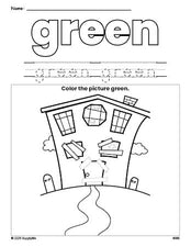 Free Halloween haunted house color green coloring page and color worksheet, green worksheet for preschoolers to learn colors, printable PDF