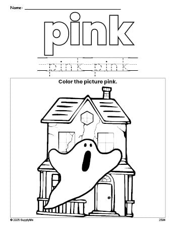 Free Halloween haunted house color pink coloring page and color worksheet, pink worksheet for preschoolers to learn colors, printable PDF