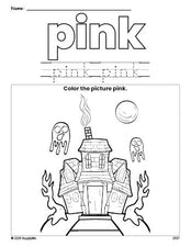 Free Halloween haunted house color pink coloring page and color worksheet, pink worksheet for preschoolers to learn colors, printable PDF