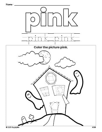 Free Halloween haunted house color pink coloring page and color worksheet, pink worksheet for preschoolers to learn colors, printable PDF