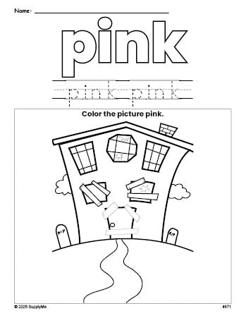 Free Halloween haunted house color pink coloring page and color worksheet, pink worksheet for preschoolers to learn colors, printable PDF