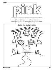 Free Halloween haunted house color pink coloring page and color worksheet, pink worksheet for preschoolers to learn colors, printable PDF